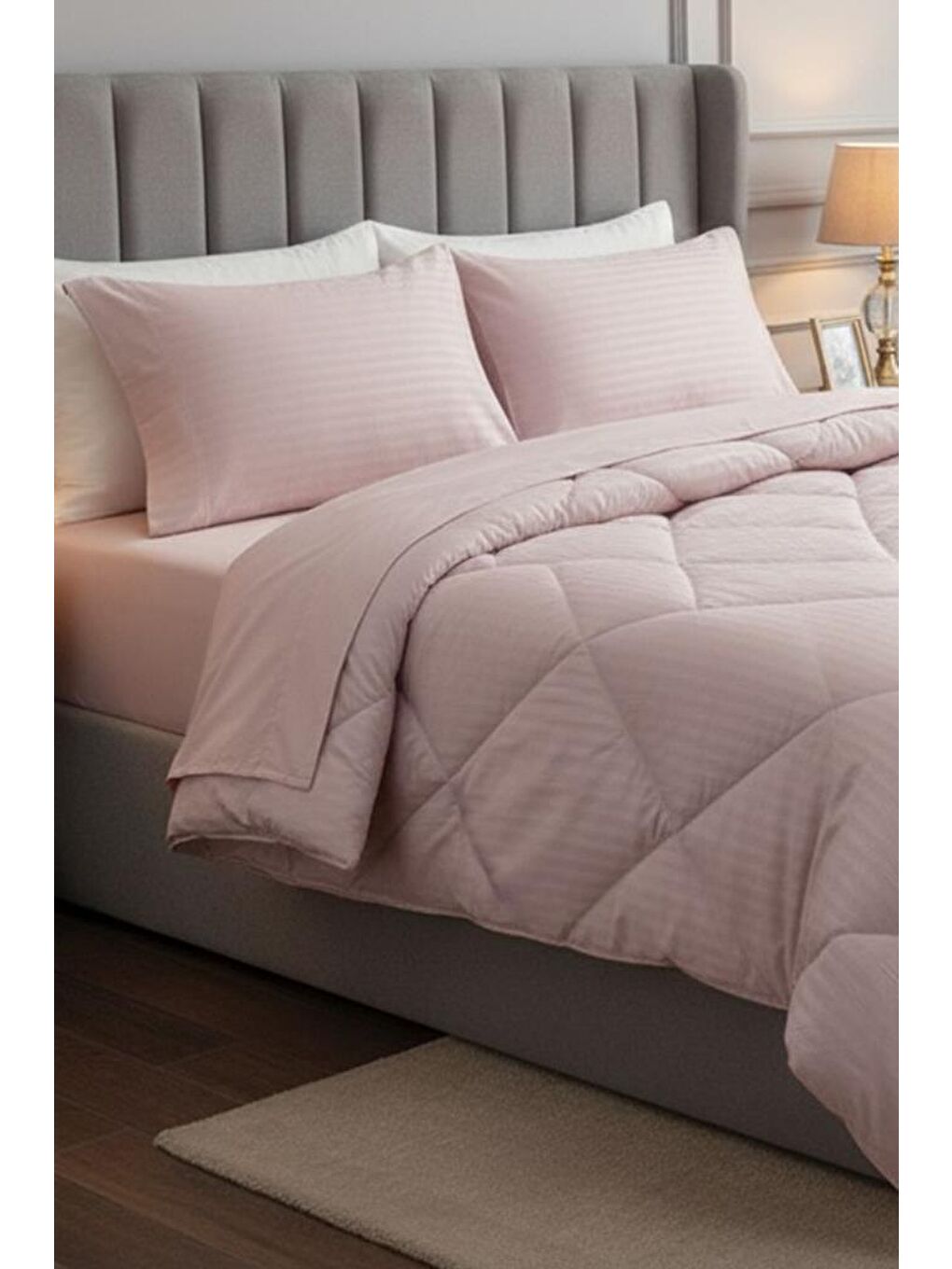 Pembe Satin Pollysaten Comforter Çift Kişilik Yorgan Seti Pudra