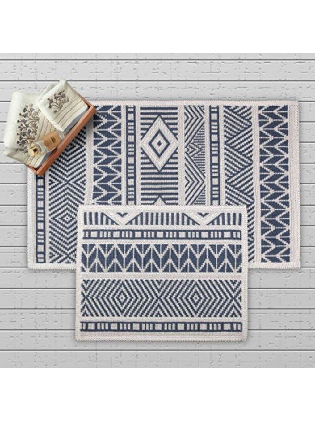 Marina Doğal Pamuk 2'li Banyo Paspası - Mavi - 60x100 cm + 50x60 cm