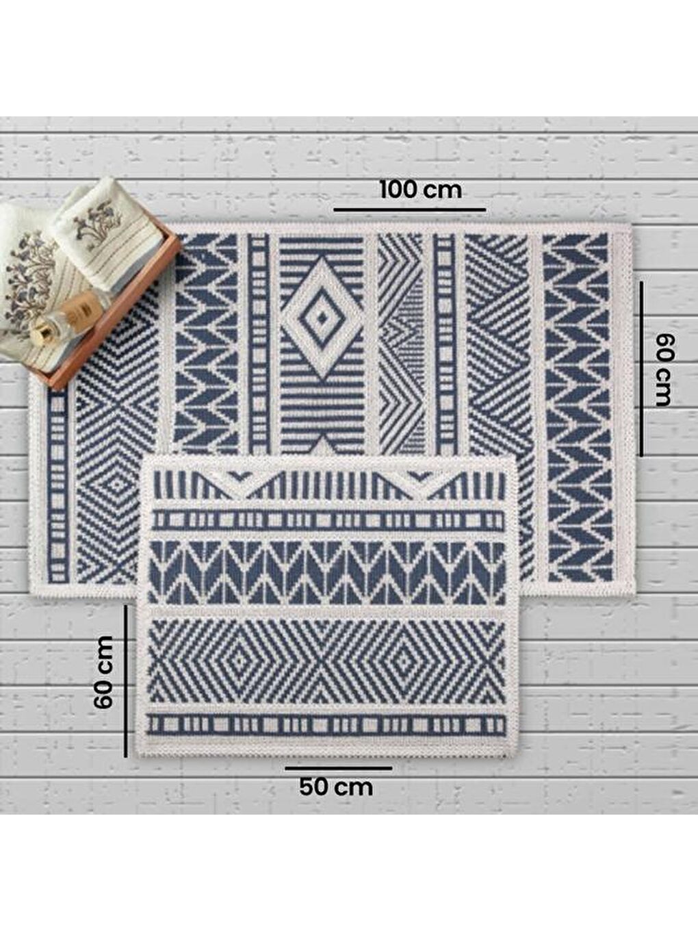 Marina Doğal Pamuk 2'li Banyo Paspası - Mavi - 60x100 cm + 50x60 cm-1