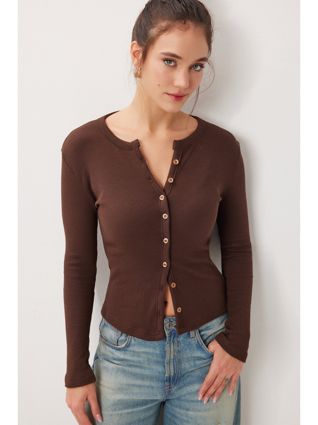 Düğmeli Basic Fitili Örme Hırka Kahverengi Lrn0001