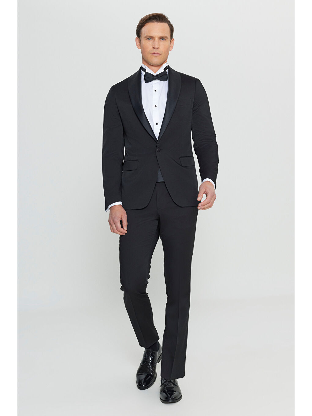 Erkek Siyah Slim Fit Dar Kesim Çıkma Şal Yaka Armürlü Damatlık Smokin Takımı-6