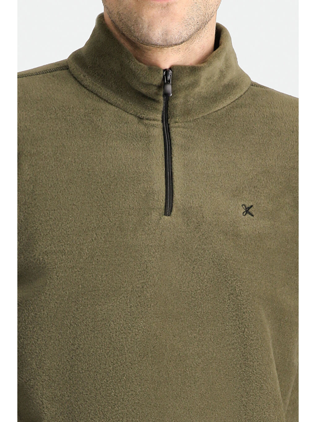 Haki Yarım Fermuarlı Nakışlı Polar Sweatshirt-5