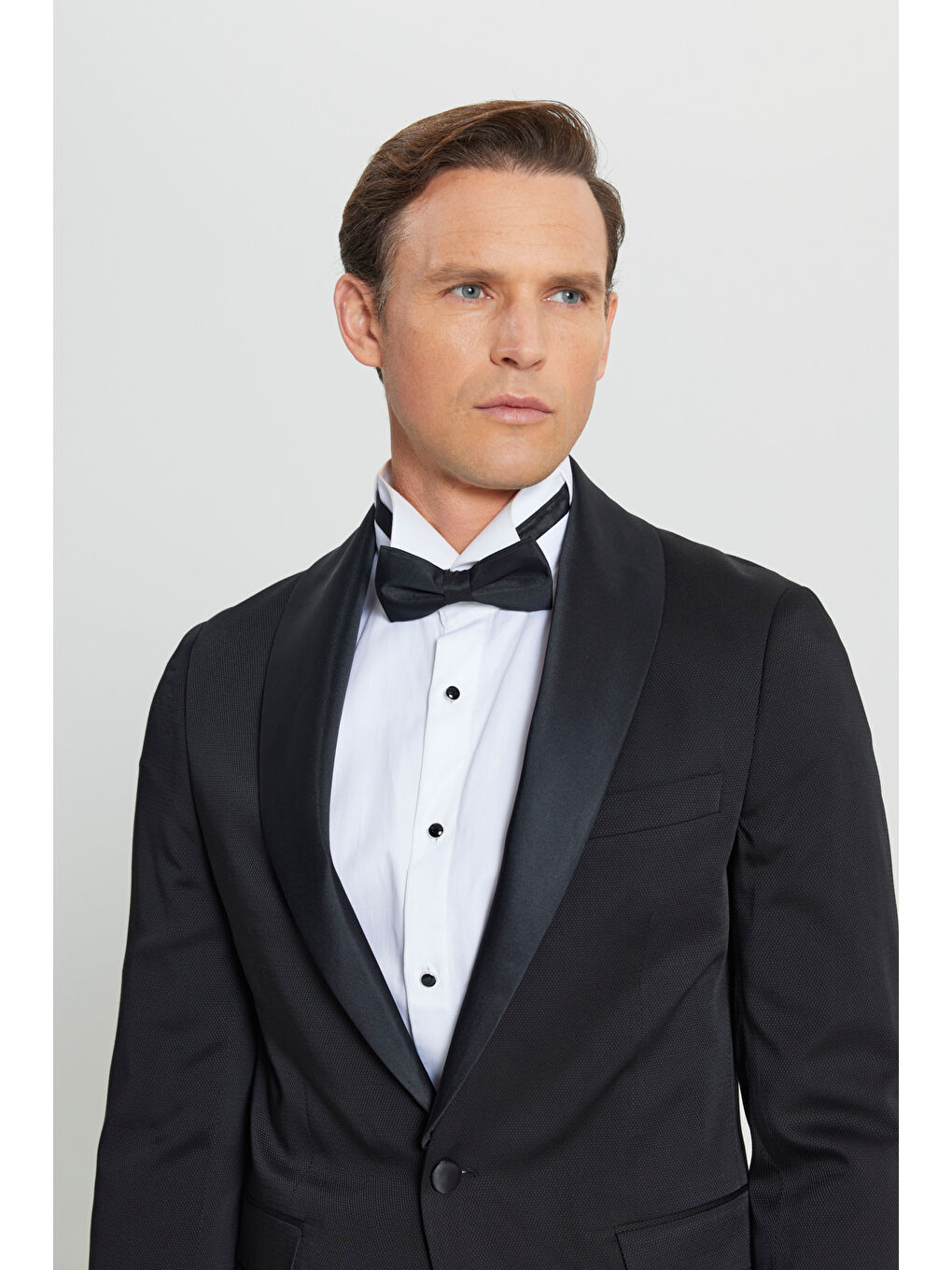 Erkek Siyah Slim Fit Dar Kesim Çıkma Şal Yaka Armürlü Damatlık Smokin Takımı-7
