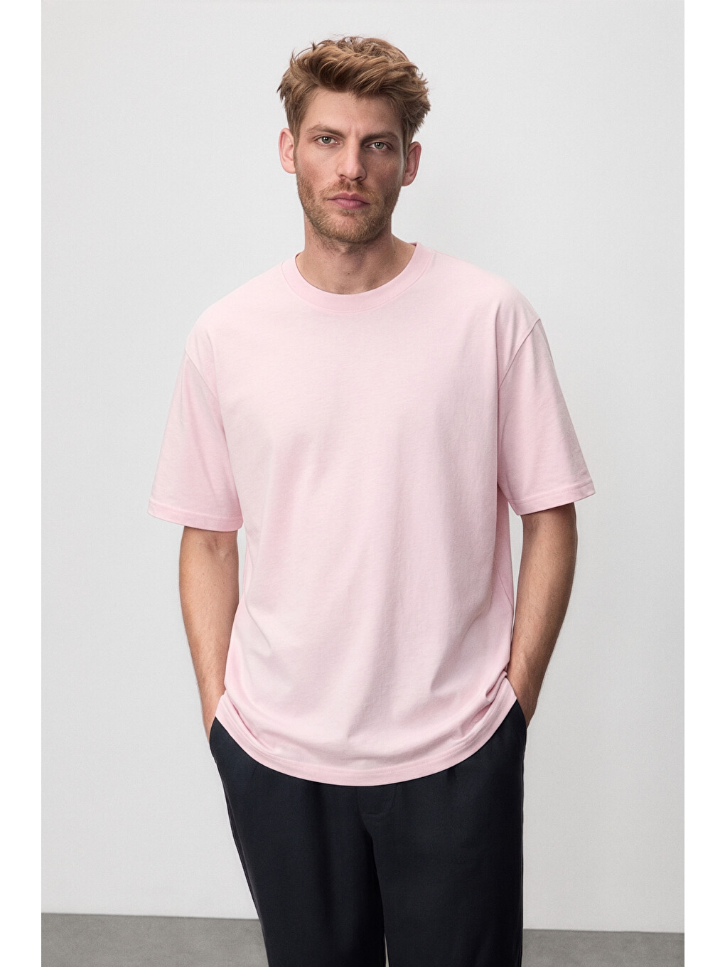 Jett Erkek Oversize Fit %100 Organik Pamuk Kalın Dokulu Bisiklet Yakalı Açık Pembe T-shirt