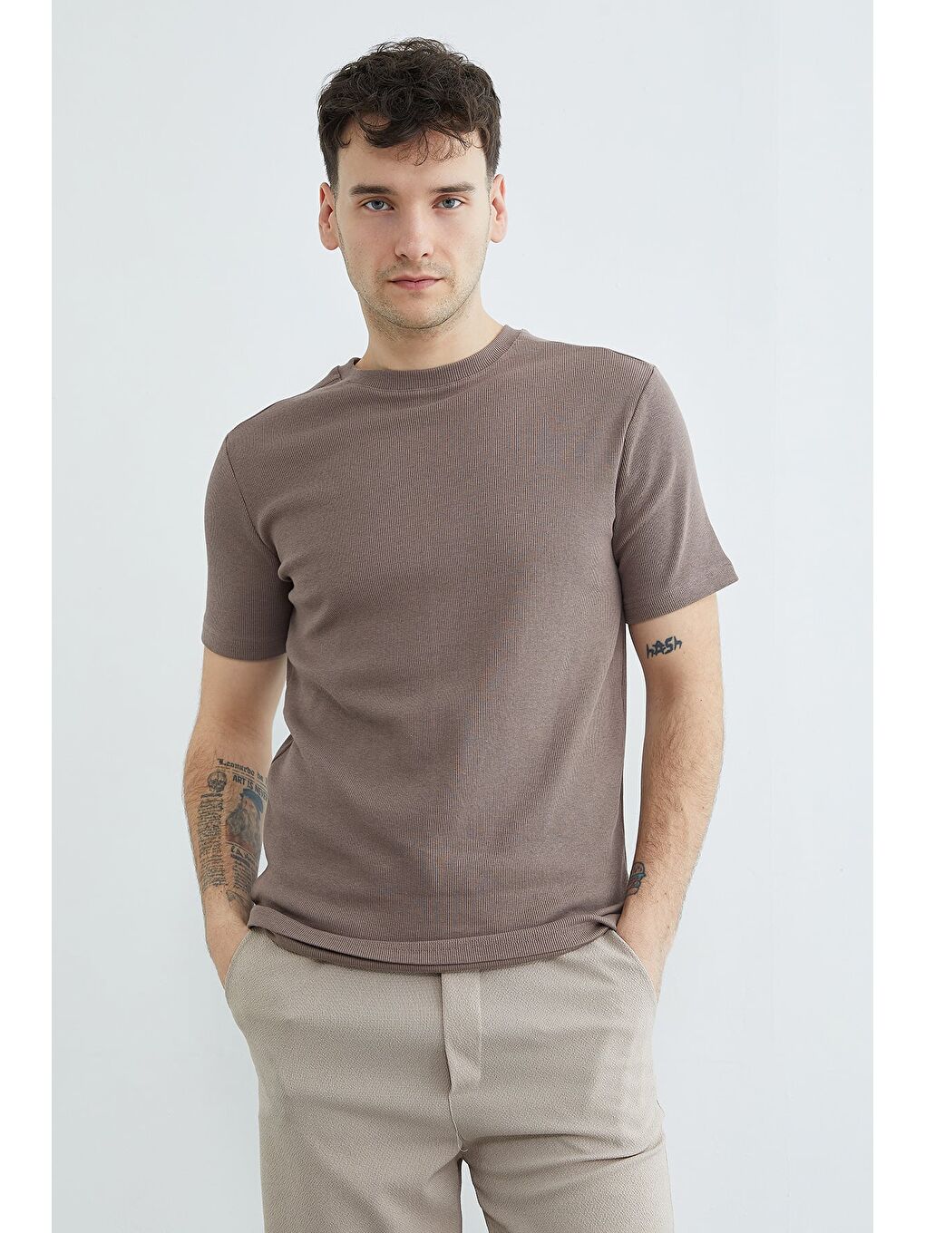 Kahverengi Basic Fitilli Bisiklet Yaka Tişört