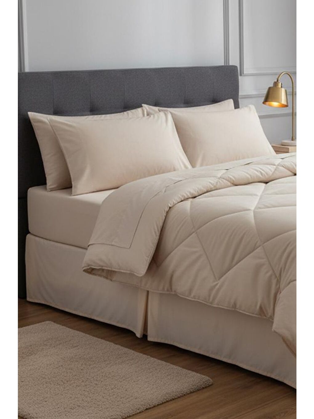 Satin Pollysaten Comforter Çift Kişilik Yorgan Seti Bej