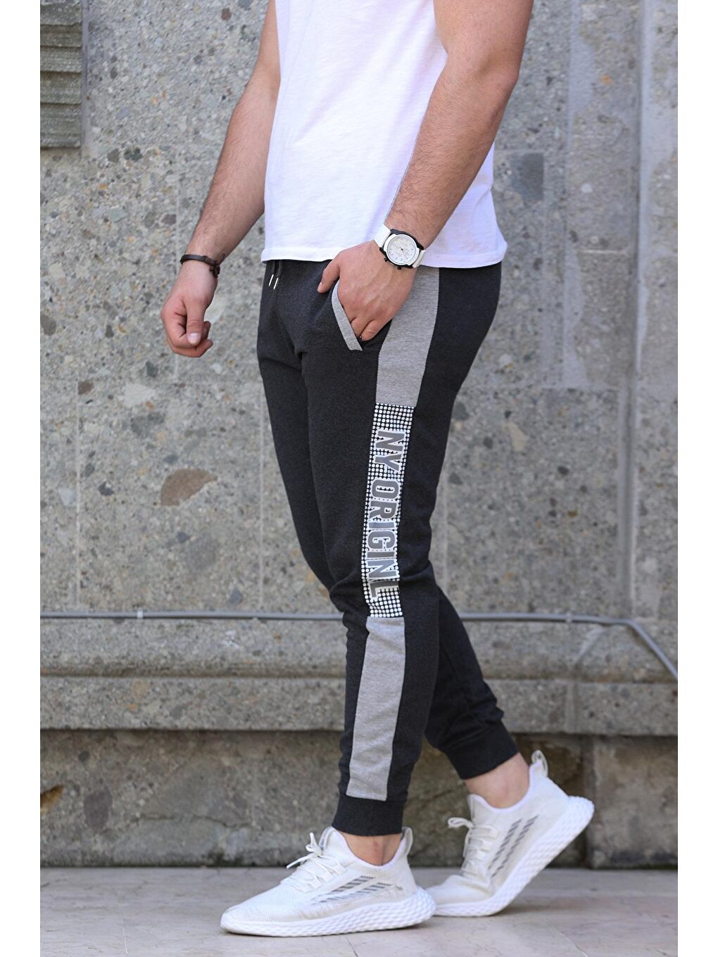 Antrasit Paça Ribanalı Baskılı Jogger Erkek Eşofman Altı