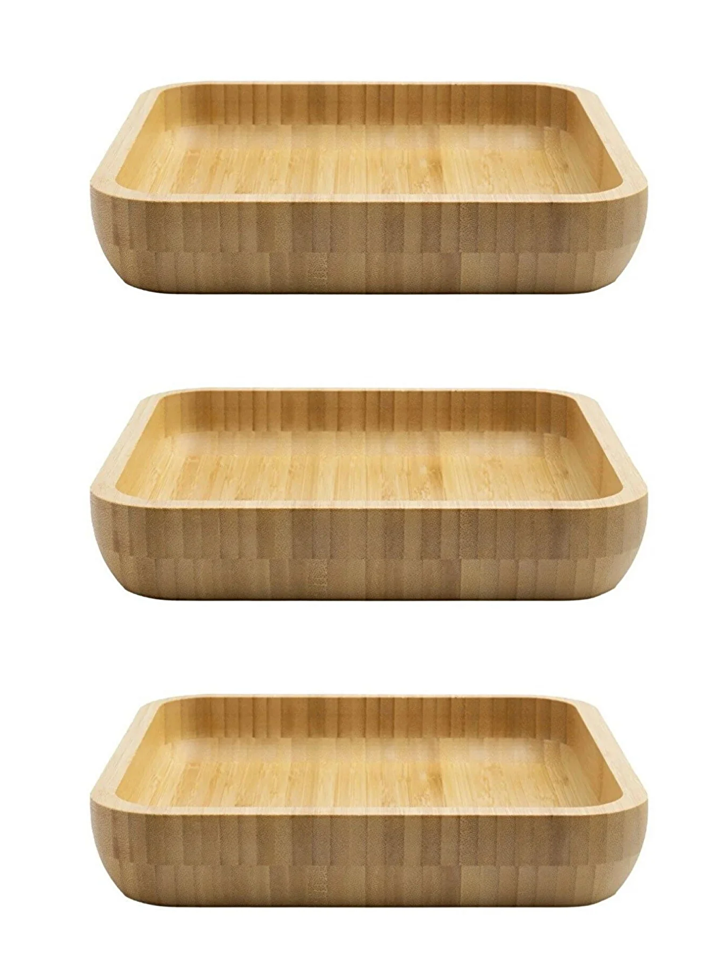 Kitchen Design Lab Açık Kahverengi 3 Adet Kare Bambu Büyük Boy Çok Amaçlı Kase, Bambu Çerezlik, Sunum Tabağı 20 Cm