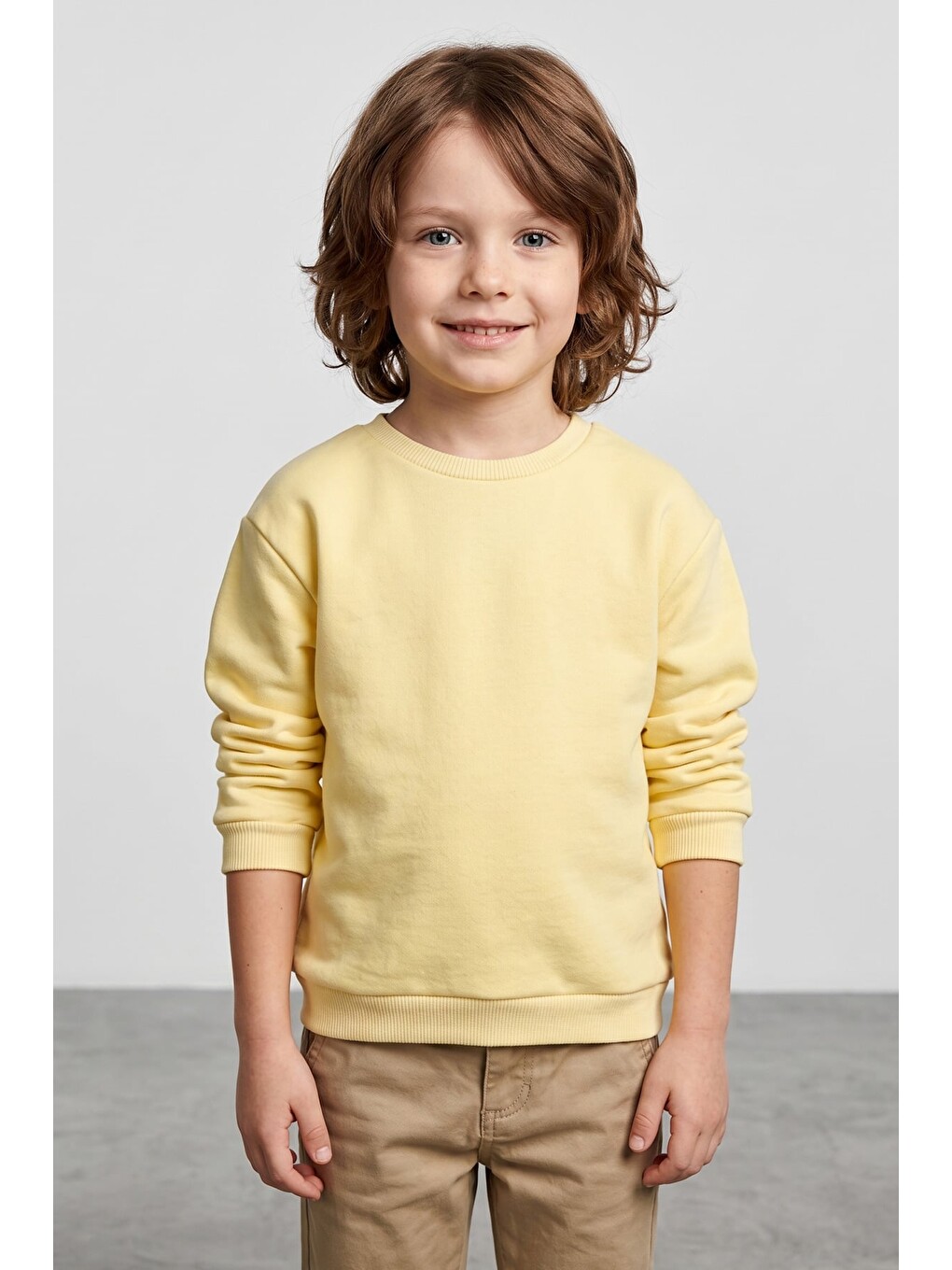 Sarı 3 İplik Basic Unisex Çocuk Sweatshirt-1