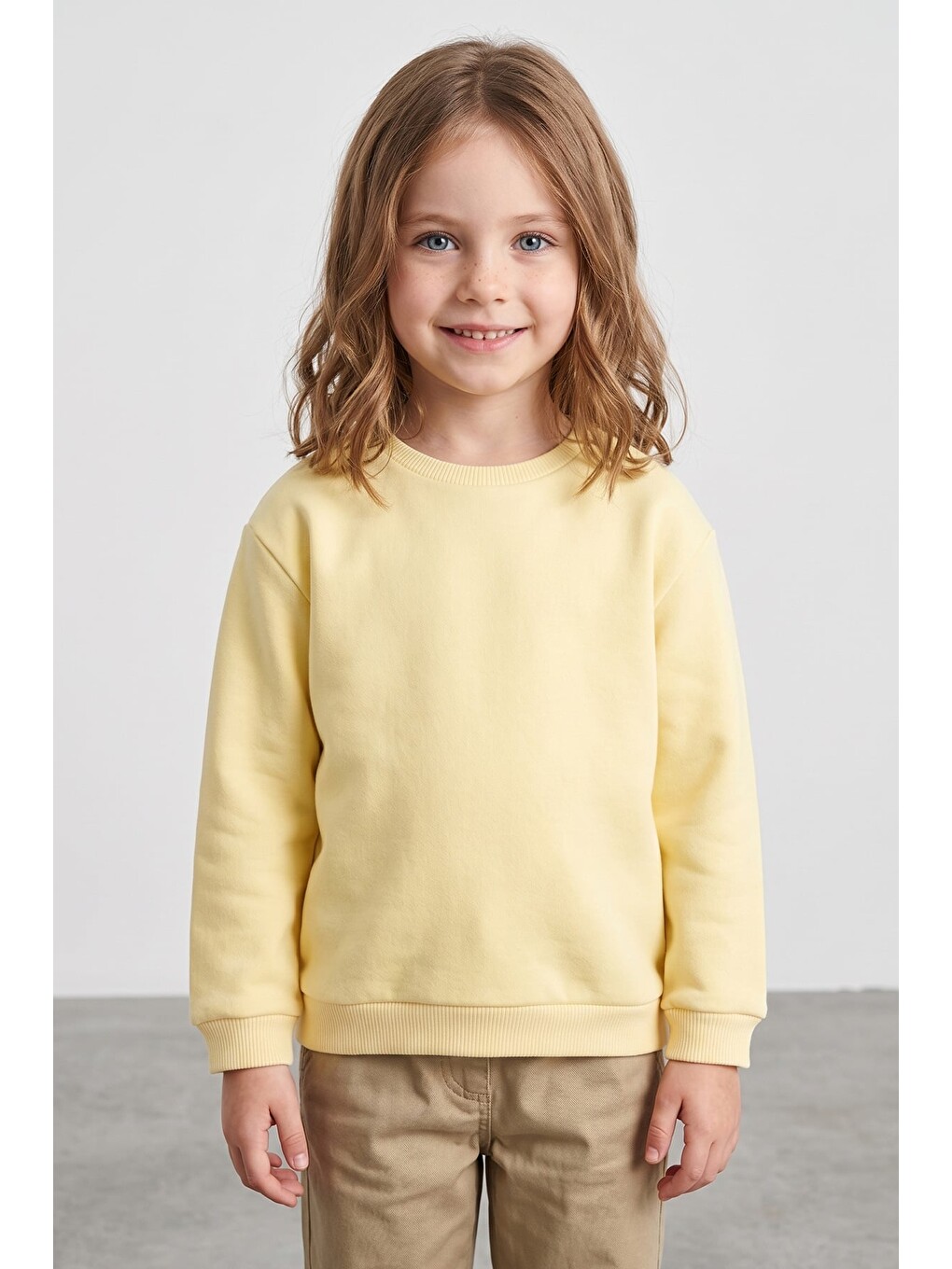Sarı 3 İplik Basic Unisex Çocuk Sweatshirt-2