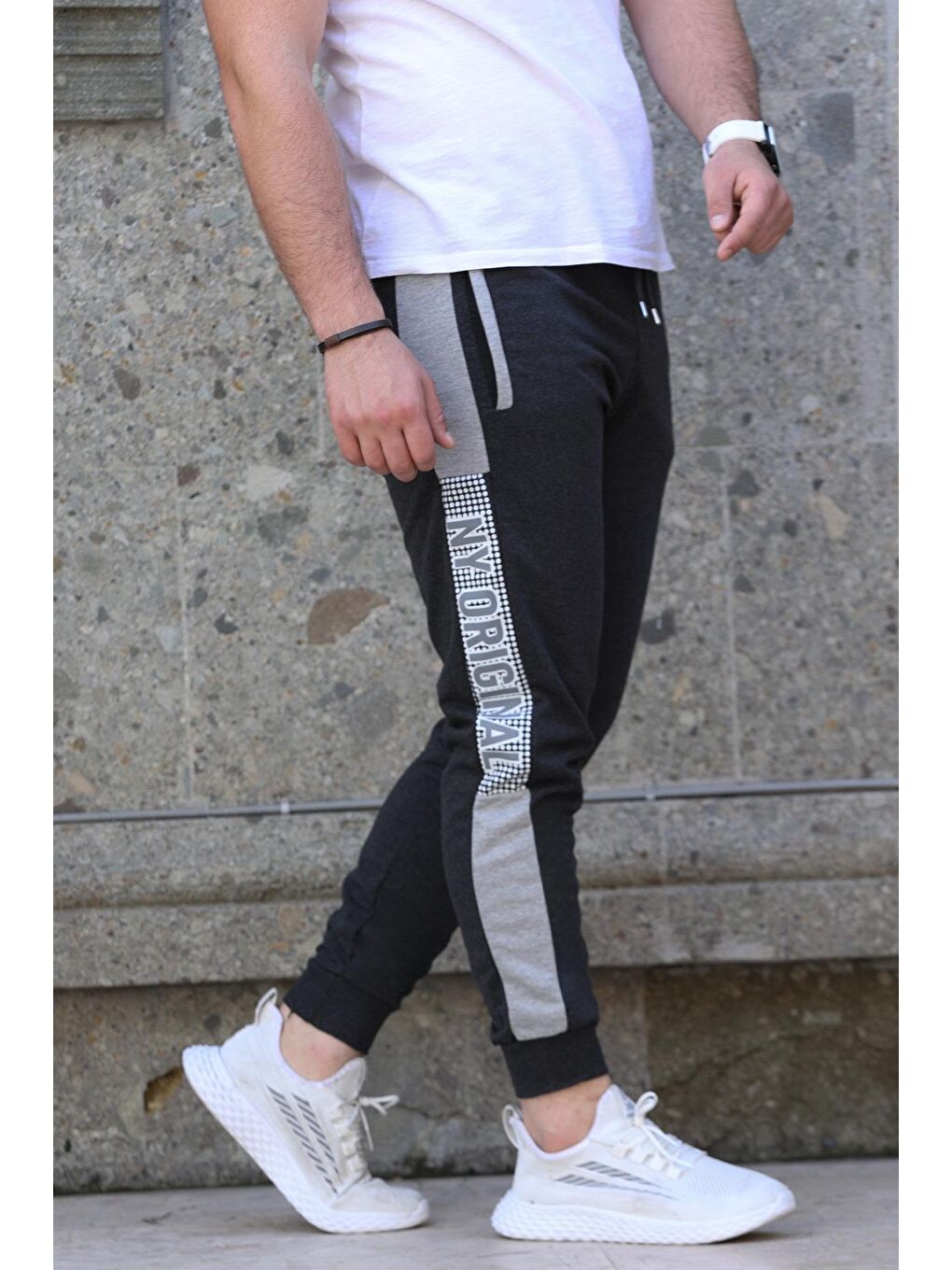 Antrasit Paça Ribanalı Baskılı Jogger Erkek Eşofman Altı-1
