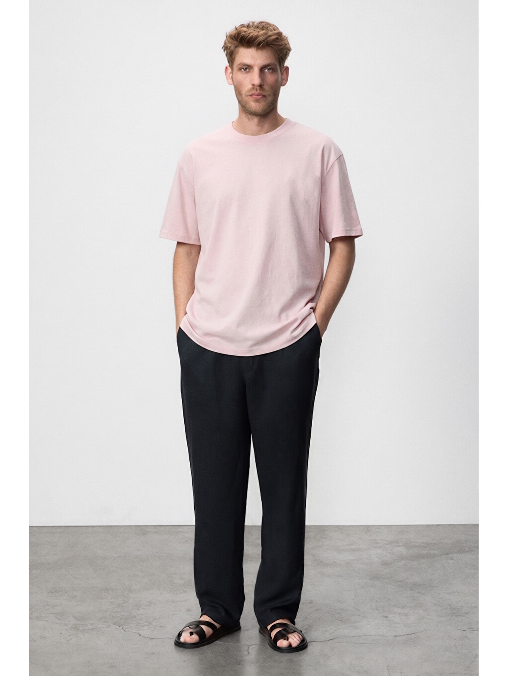Jett Erkek Oversize Fit %100 Organik Pamuk Kalın Dokulu Bisiklet Yakalı Açık Pembe T-shirt-1