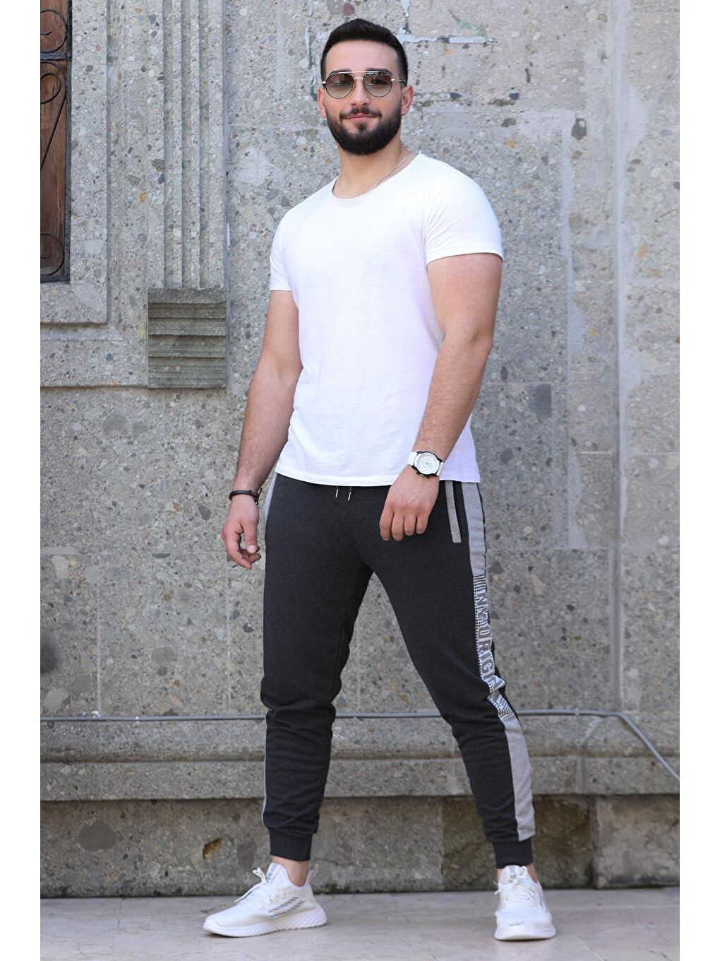 Antrasit Paça Ribanalı Baskılı Jogger Erkek Eşofman Altı-2