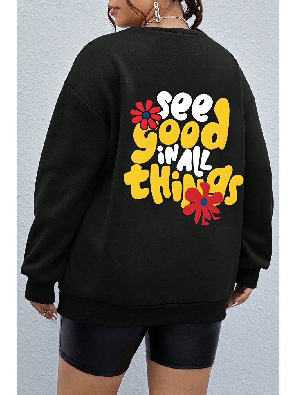 Siyah Unisex Uzay Temalı Bisiklet Yaka Sweatshirt