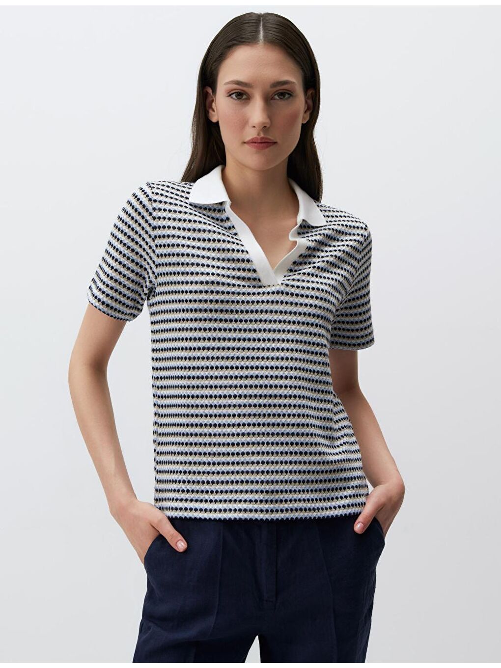 Mavi Polo Yaka Kısa Kollu Örme Tişört