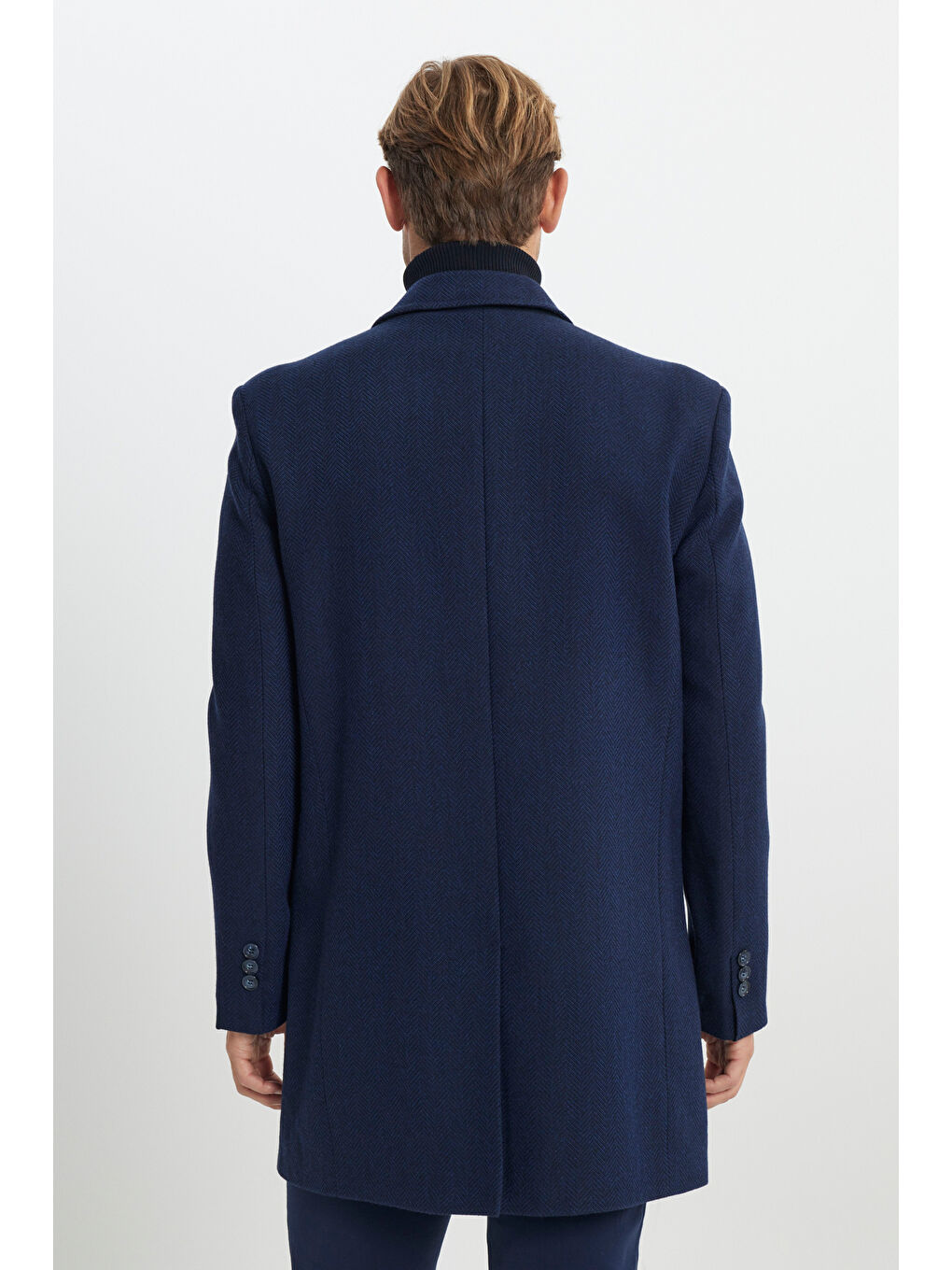 Erkek Lacivert Yünlü Standart Fit Normal Kesim Mono Yaka Balıksırtı Desenli Yan Cepli Palto-5