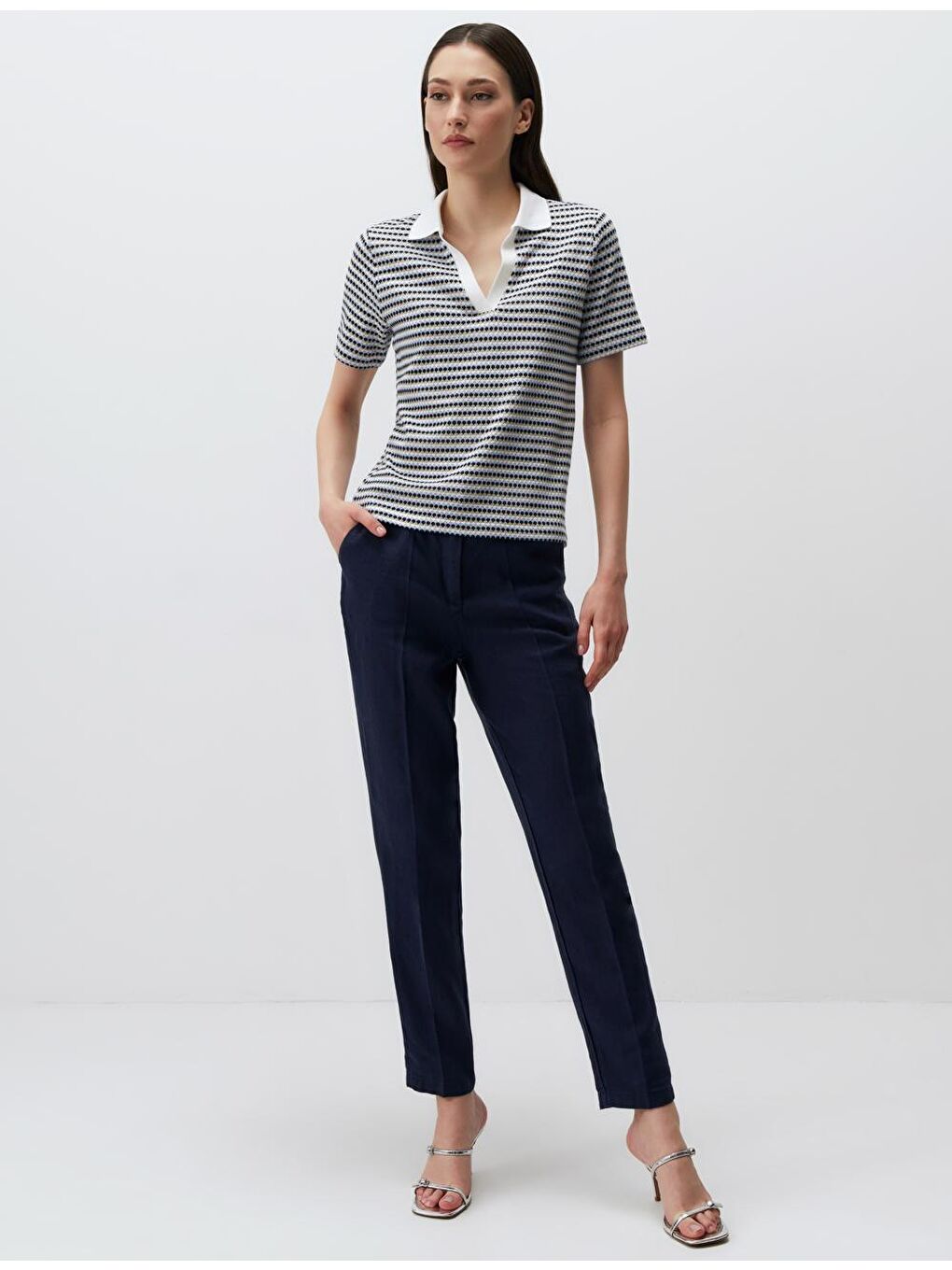 Mavi Polo Yaka Kısa Kollu Örme Tişört-1