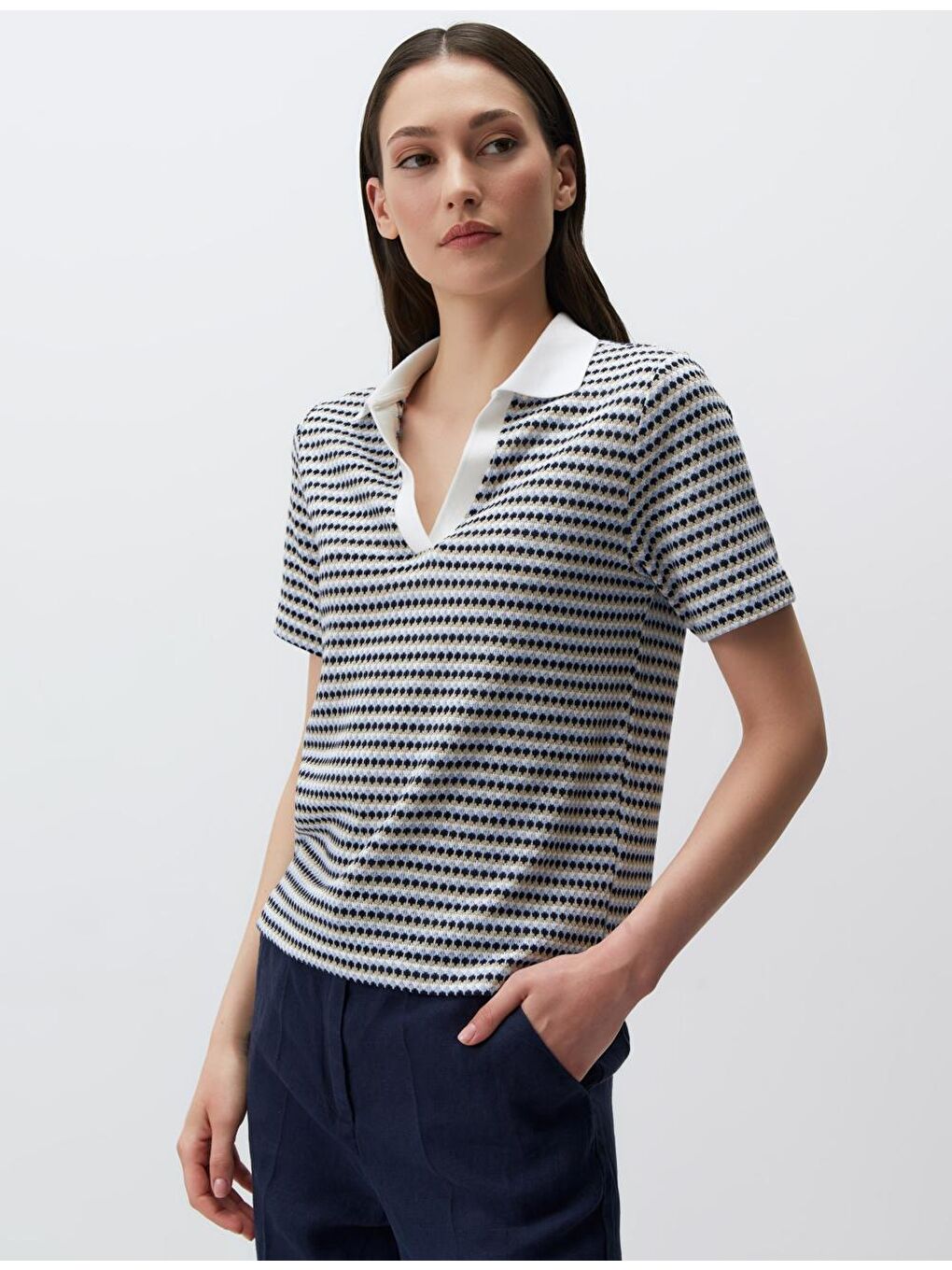 Mavi Polo Yaka Kısa Kollu Örme Tişört-2