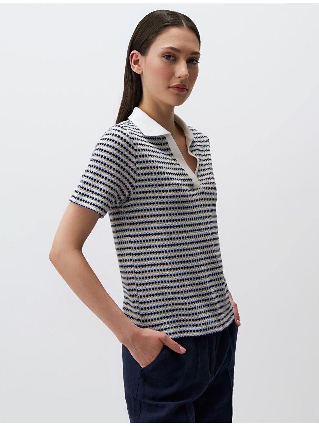 Mavi Polo Yaka Kısa Kollu Örme Tişört-3