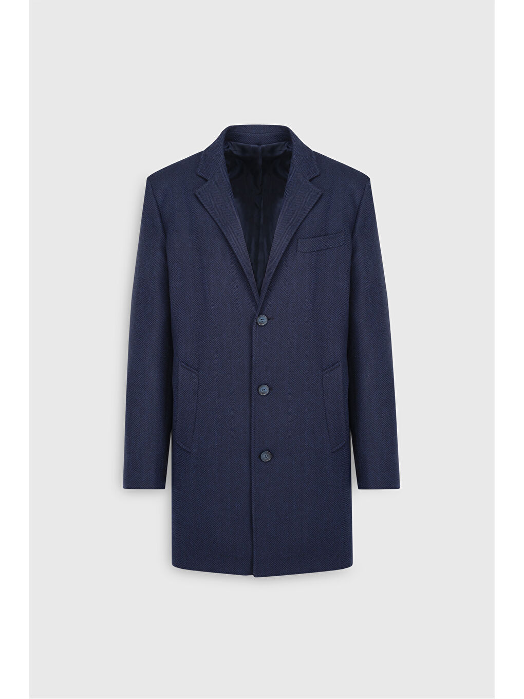 Erkek Lacivert Yünlü Standart Fit Normal Kesim Mono Yaka Balıksırtı Desenli Yan Cepli Palto-6