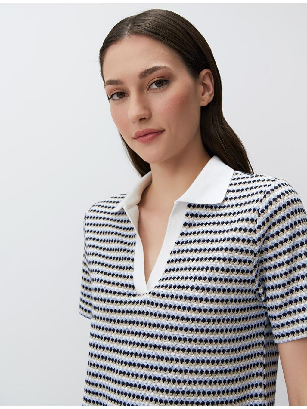 Mavi Polo Yaka Kısa Kollu Örme Tişört-4