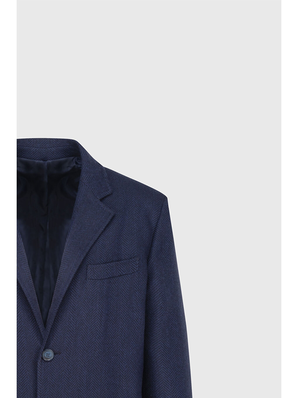 Erkek Lacivert Yünlü Standart Fit Normal Kesim Mono Yaka Balıksırtı Desenli Yan Cepli Palto-7
