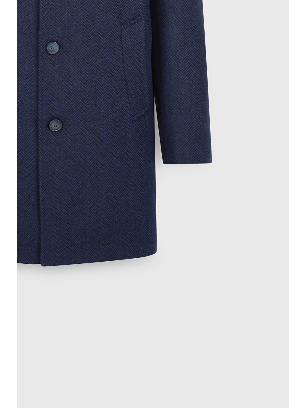 Erkek Lacivert Yünlü Standart Fit Normal Kesim Mono Yaka Balıksırtı Desenli Yan Cepli Palto-8