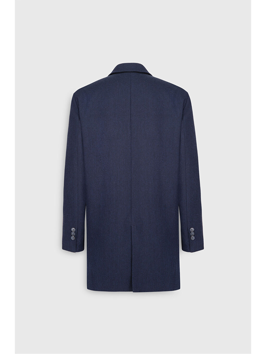 Erkek Lacivert Yünlü Standart Fit Normal Kesim Mono Yaka Balıksırtı Desenli Yan Cepli Palto-9