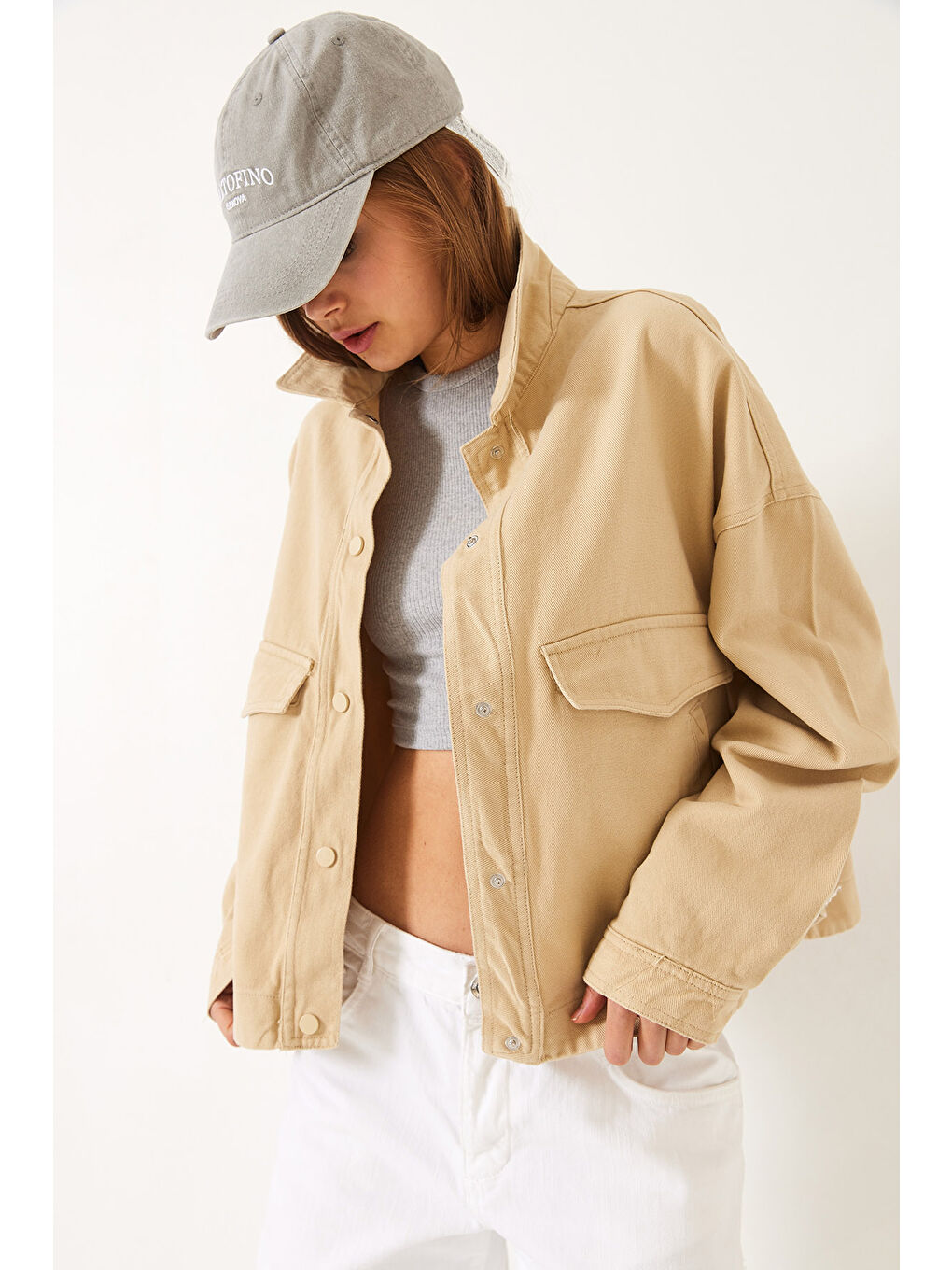 Bej Kadın Dört Cepli Çıtçıt Kapamalı Gabardin Mevsimlik Ceket-2
