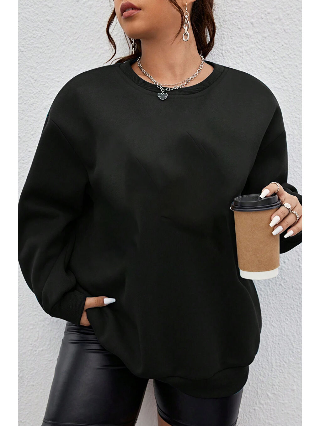 Siyah Unisex Uzay Temalı Bisiklet Yaka Sweatshirt-1