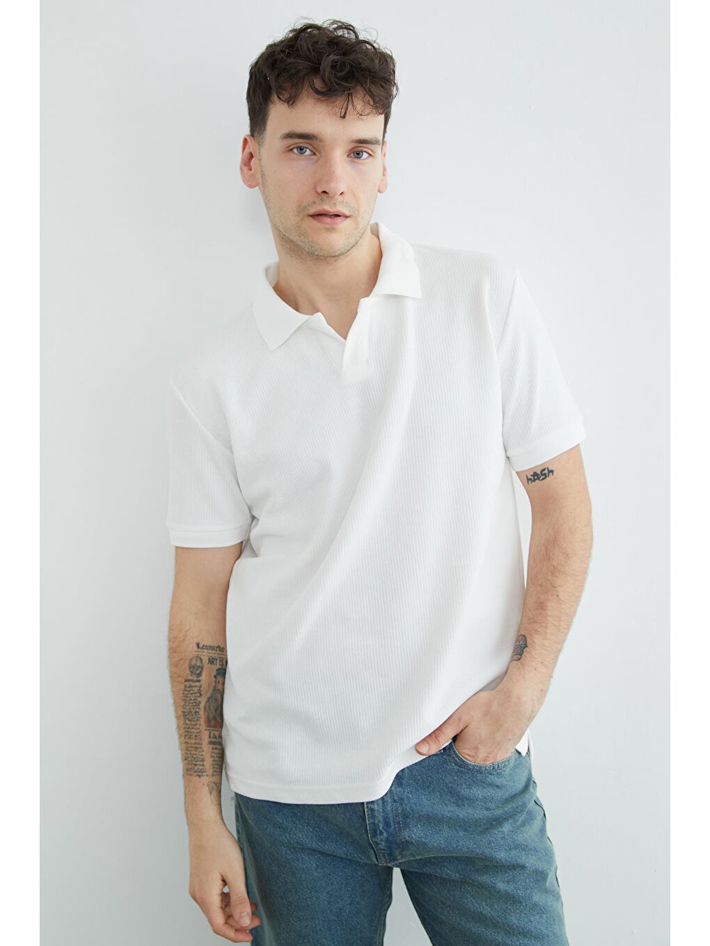 Ekru Fitilli Polo Yaka Triko Tişört-1