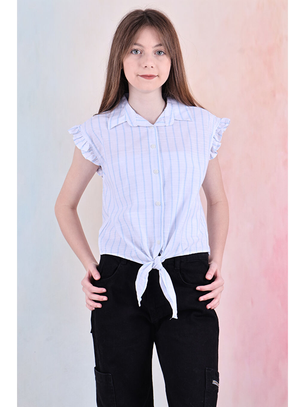 Mavi Kız Çocuk Kolları Fırfırlı ve Bel Bağlama Detaylı Crop Gömlek 6-14 Yaş 12252-1