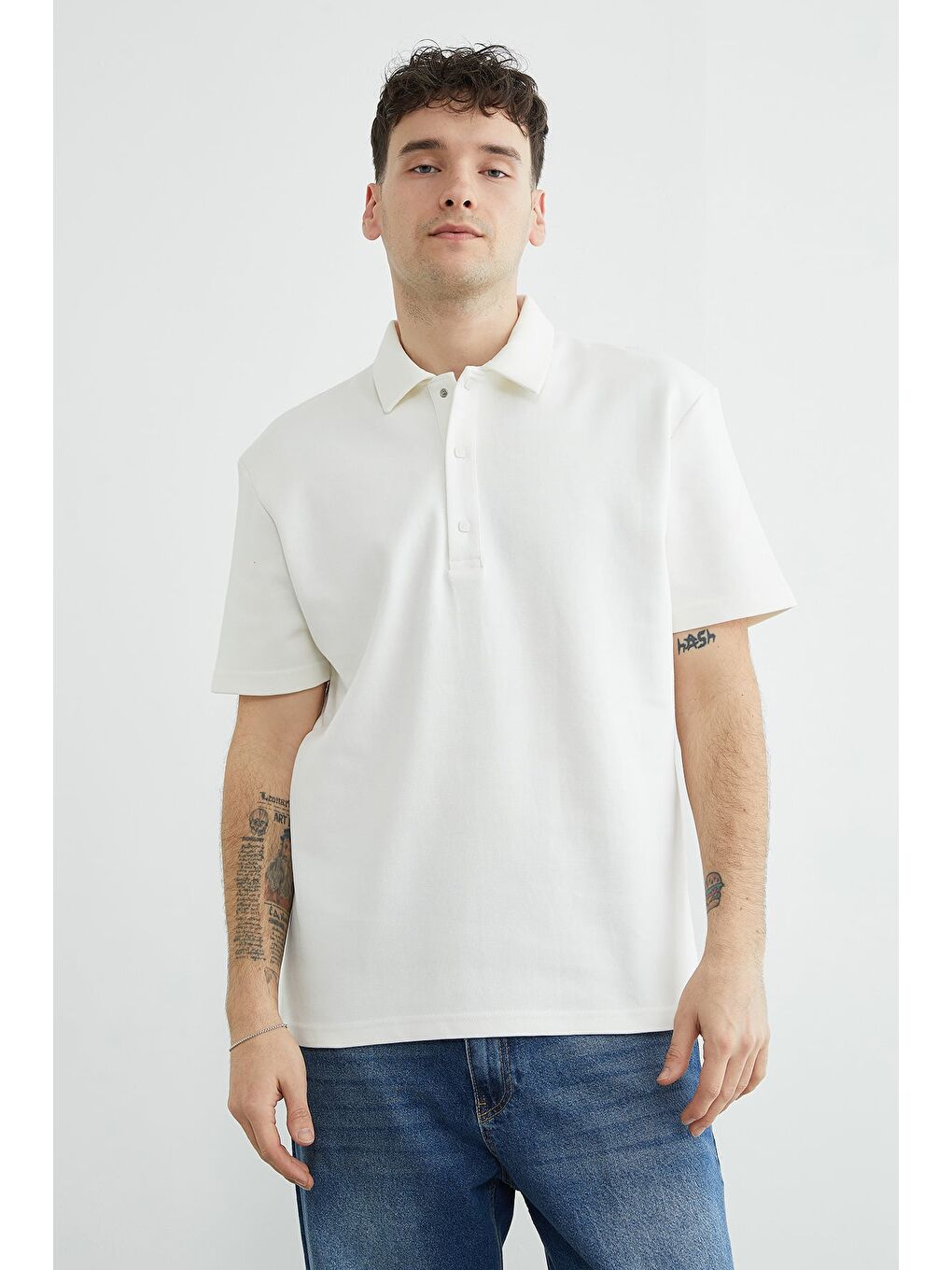 Ekru Düğmeli Polo Yaka Pike Tişört-1