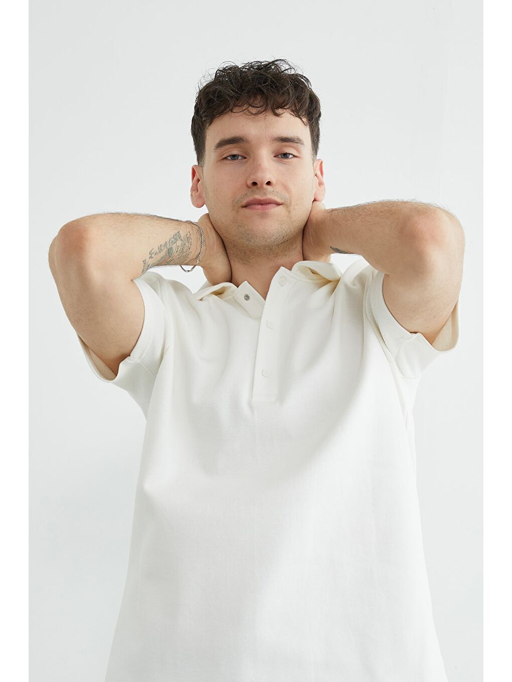 Ekru Düğmeli Polo Yaka Pike Tişört-2