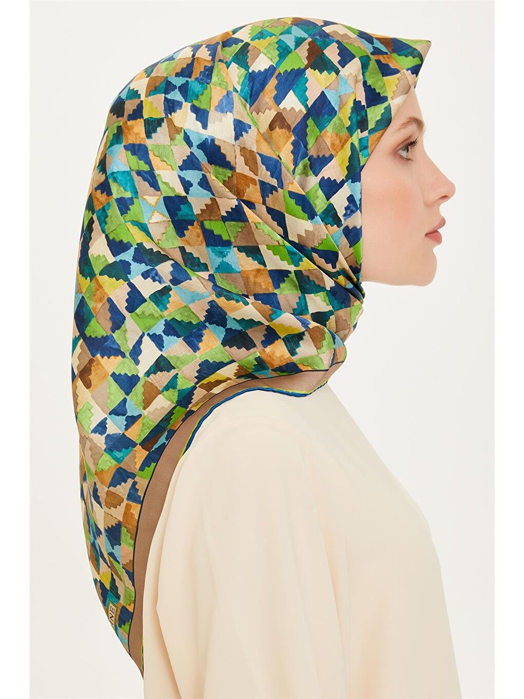 Karışık Geometrik Desenli Twill Saf İpek Eşarp 9214D 85 34-1
