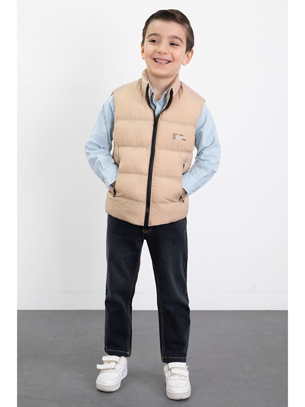 Ekru Krem Şişme Yelekli Gömlekli Erkek Çocuk 3lü Pantolonlu Takım 23472-1