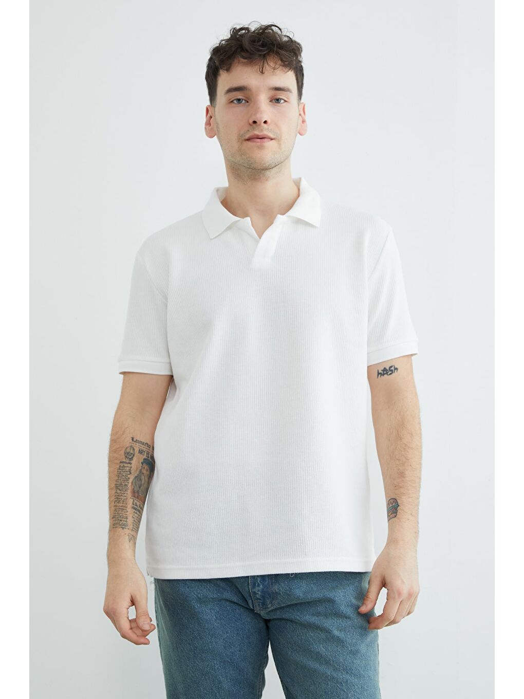 Ekru Fitilli Polo Yaka Triko Tişört-3