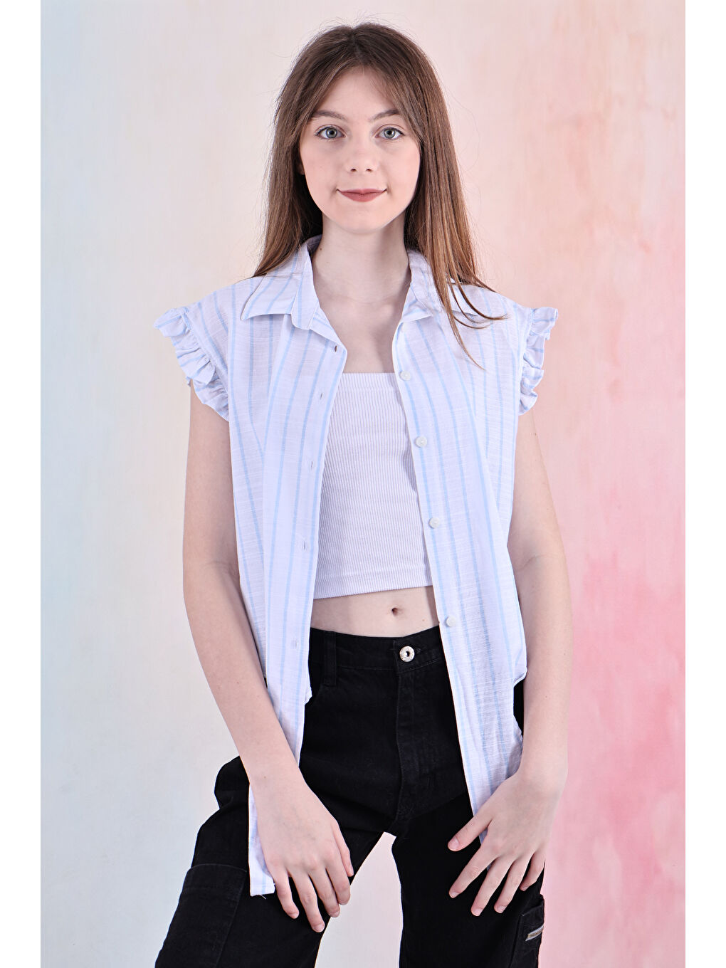 Mavi Kız Çocuk Kolları Fırfırlı ve Bel Bağlama Detaylı Crop Gömlek 6-14 Yaş 12252-2