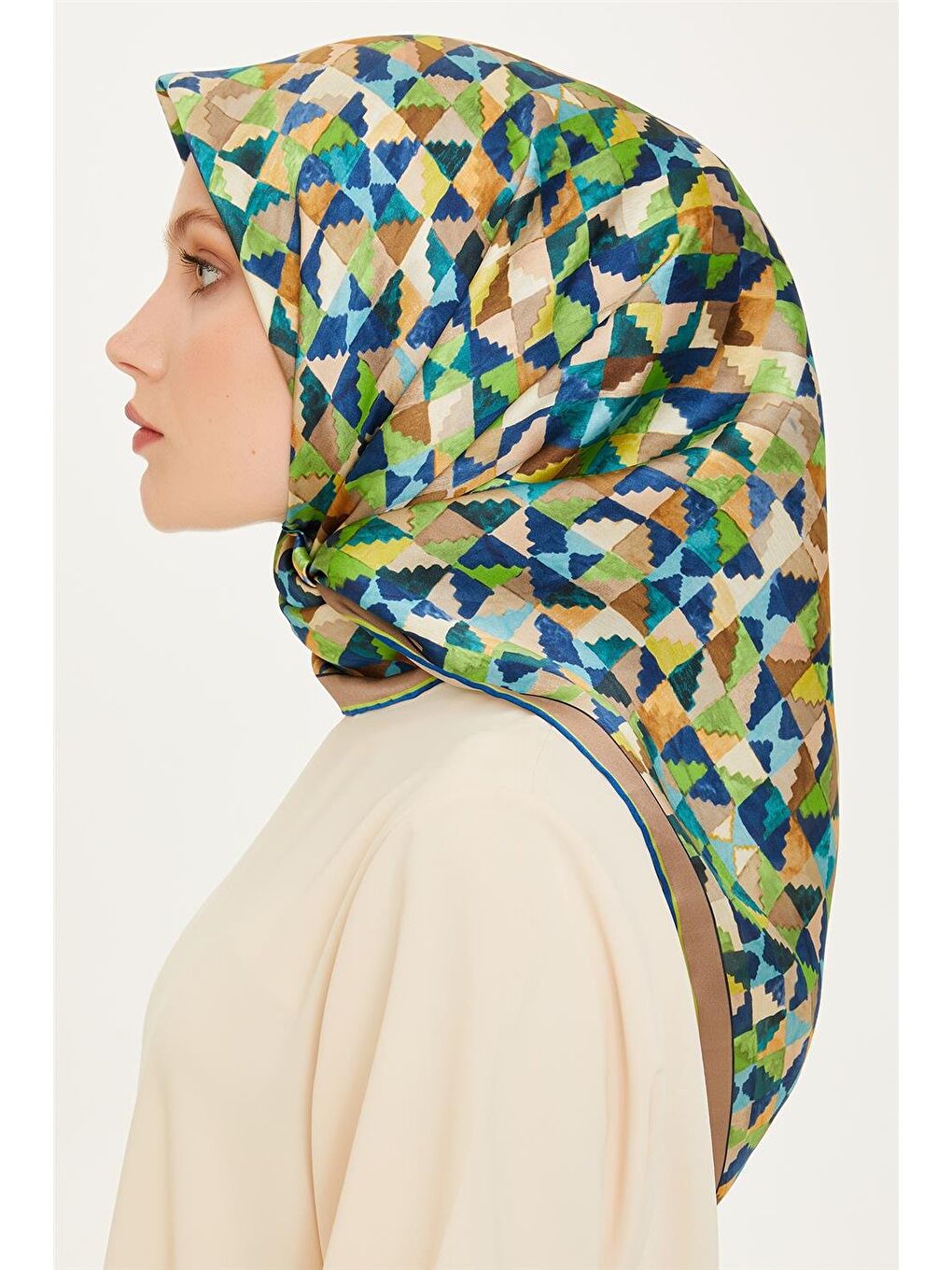 Karışık Geometrik Desenli Twill Saf İpek Eşarp 9214D 85 34-2