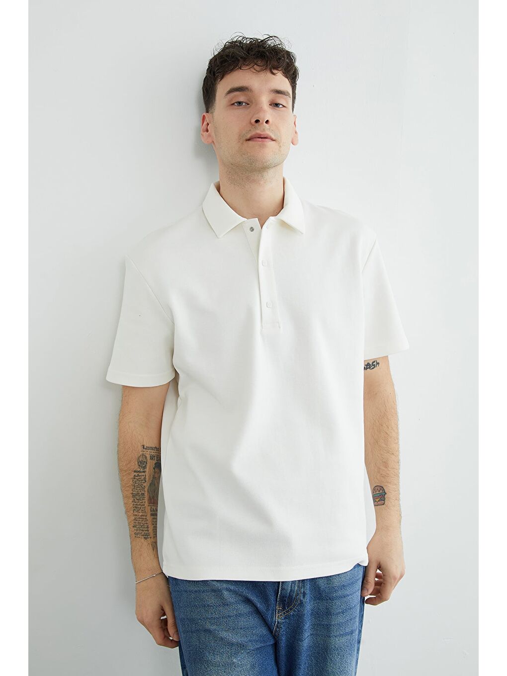 Ekru Düğmeli Polo Yaka Pike Tişört-3