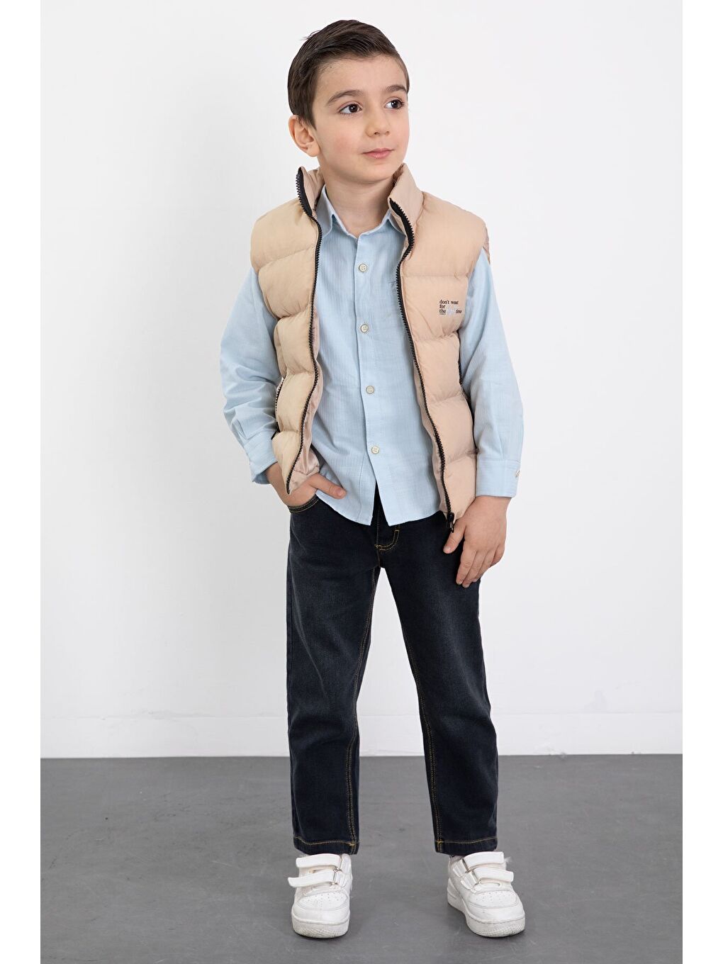 Ekru Krem Şişme Yelekli Gömlekli Erkek Çocuk 3lü Pantolonlu Takım 23472-2