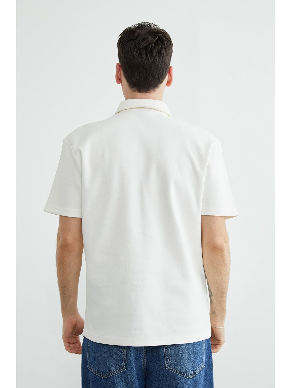 Ekru Düğmeli Polo Yaka Pike Tişört-4