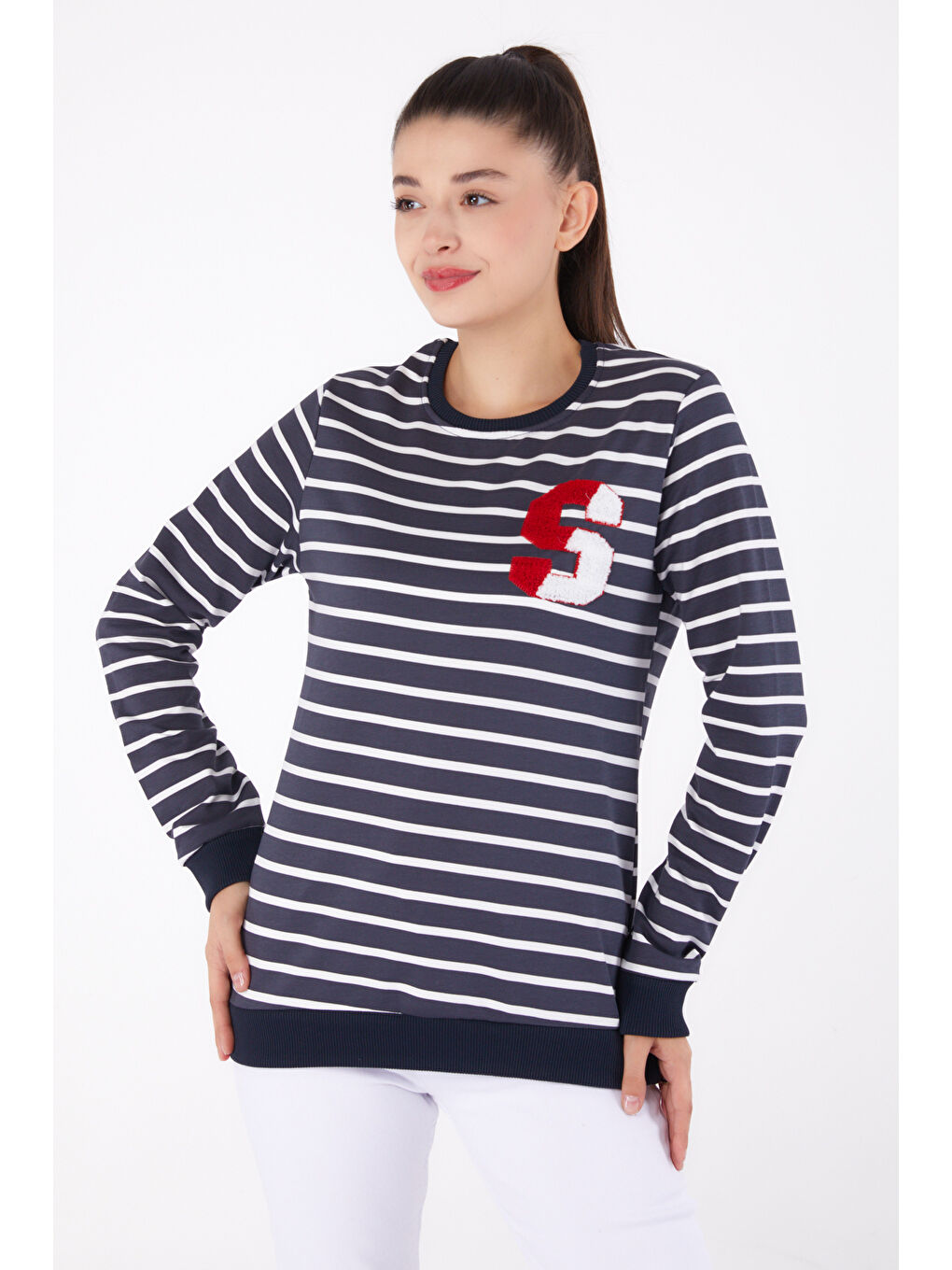 TOFİSA Düz Bisiklet Yaka Kadın Antrasit Nakışlı Sweatshirt - 26286 - 1