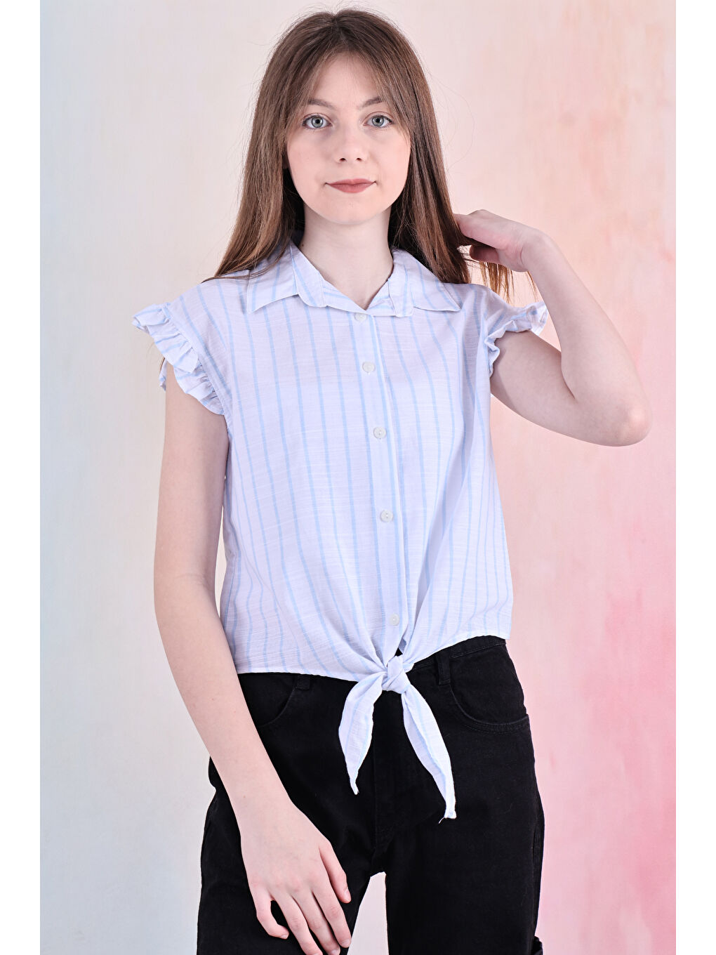 Mavi Kız Çocuk Kolları Fırfırlı ve Bel Bağlama Detaylı Crop Gömlek 6-14 Yaş 12252-3