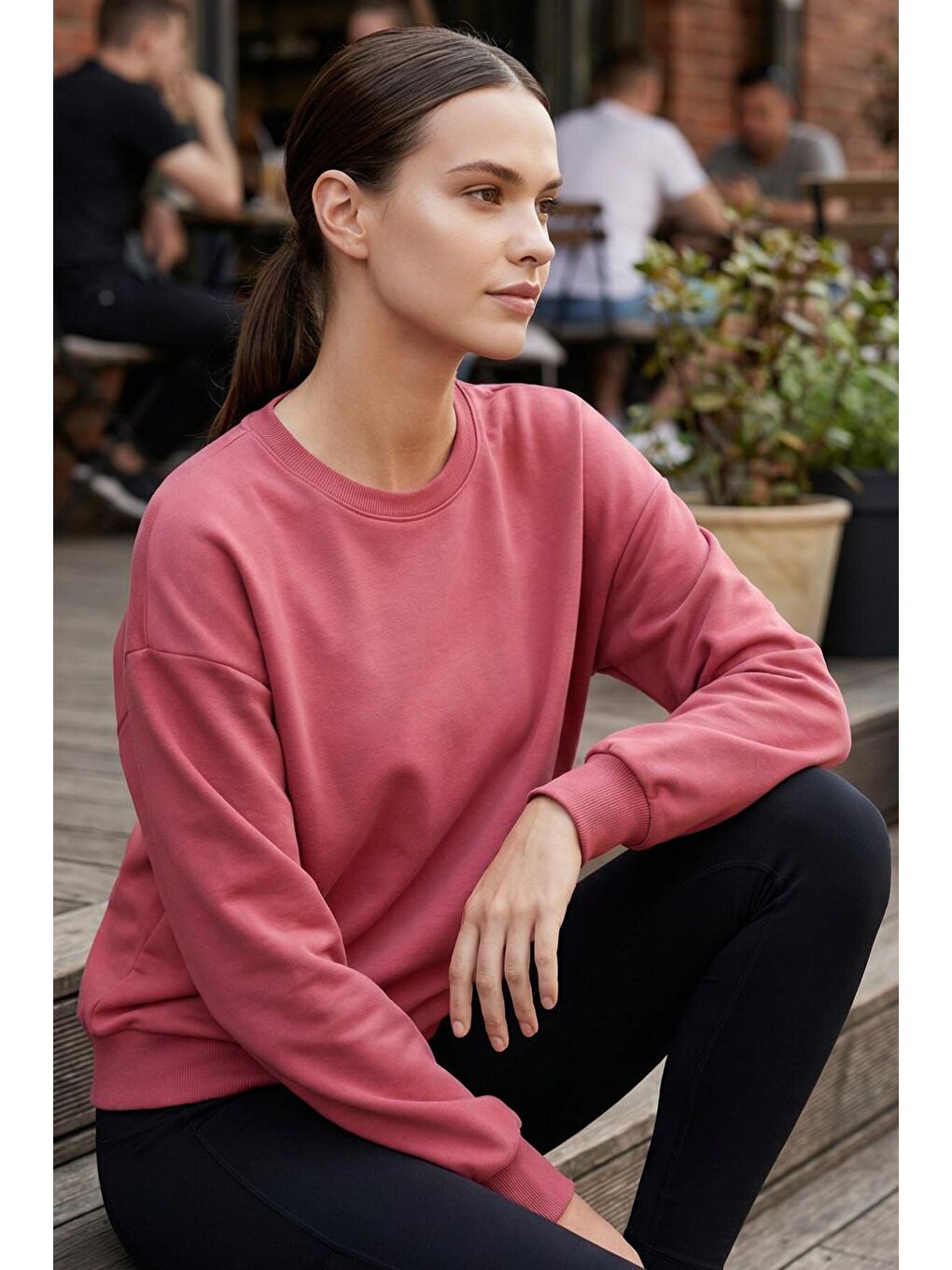 Pembe Yaban Gülü Basic O Yaka Oversize Kadın Sweatshirt - 97053