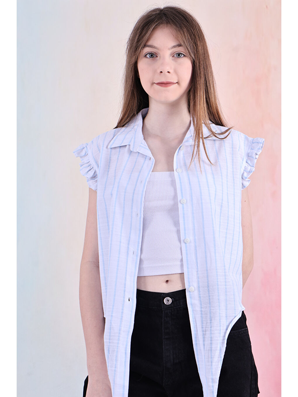 Mavi Kız Çocuk Kolları Fırfırlı ve Bel Bağlama Detaylı Crop Gömlek 6-14 Yaş 12252-4