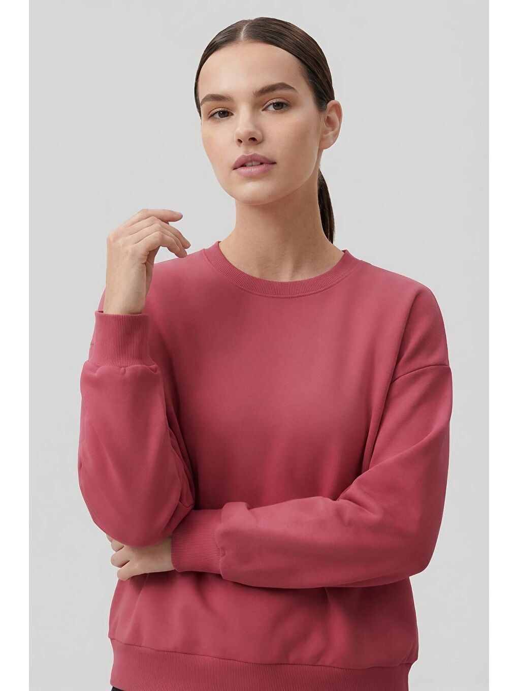Pembe Yaban Gülü Basic O Yaka Oversize Kadın Sweatshirt - 97053-2