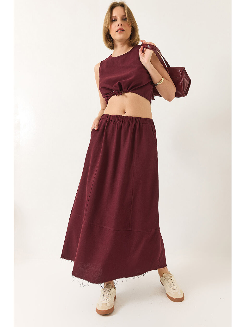 Bordo Kadın Keten Beli Bağlamalı Bluz Cep Detaylı Etek Alt-Üst Takım