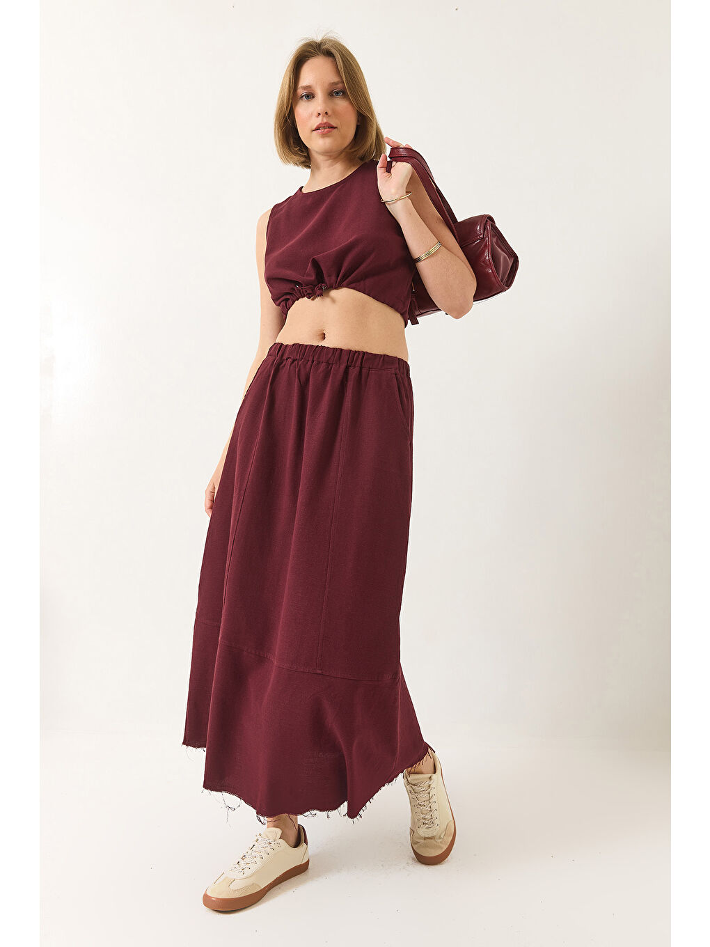 Bordo Kadın Keten Beli Bağlamalı Bluz Cep Detaylı Etek Alt-Üst Takım-1
