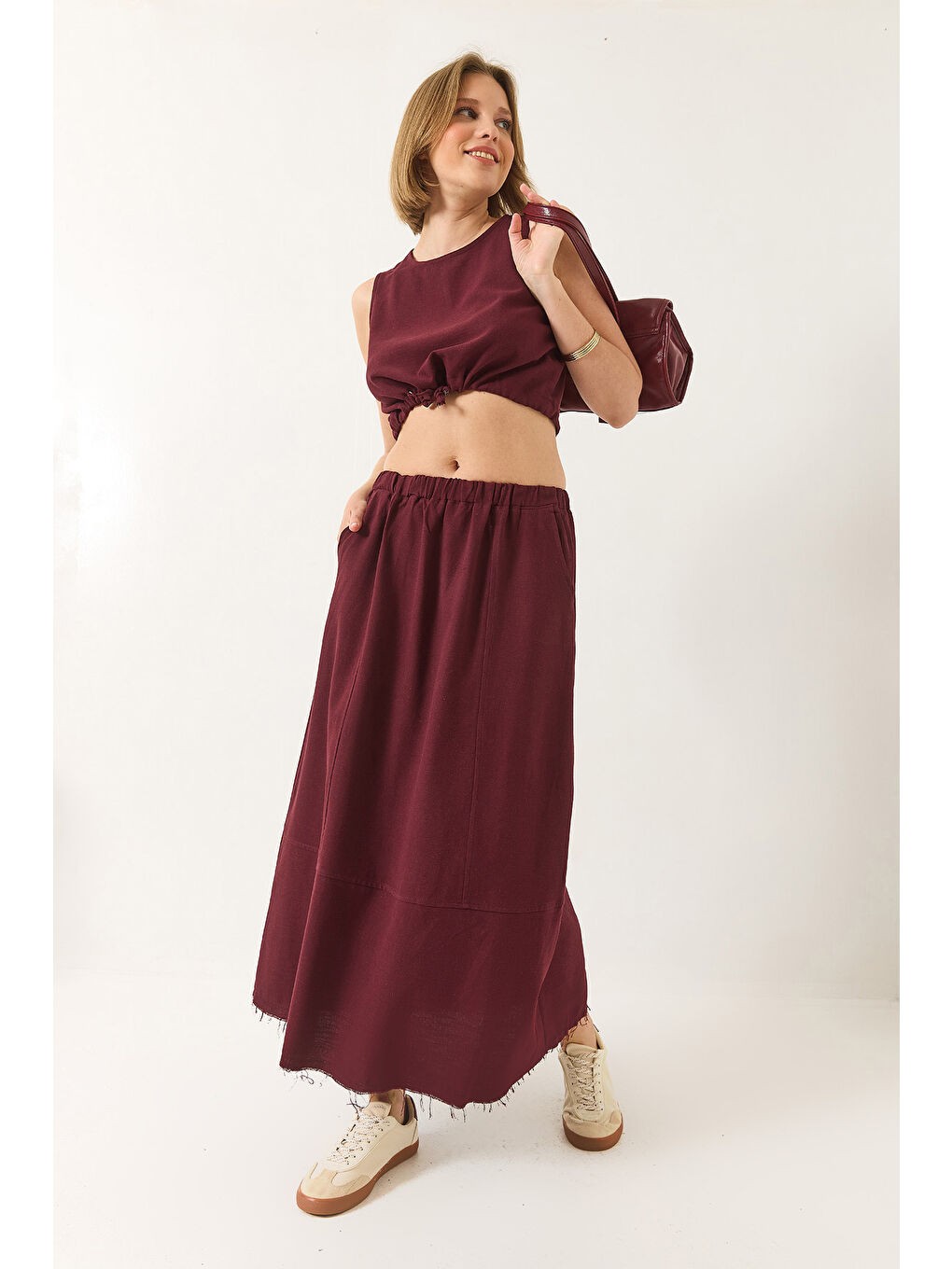 Bordo Kadın Keten Beli Bağlamalı Bluz Cep Detaylı Etek Alt-Üst Takım-2